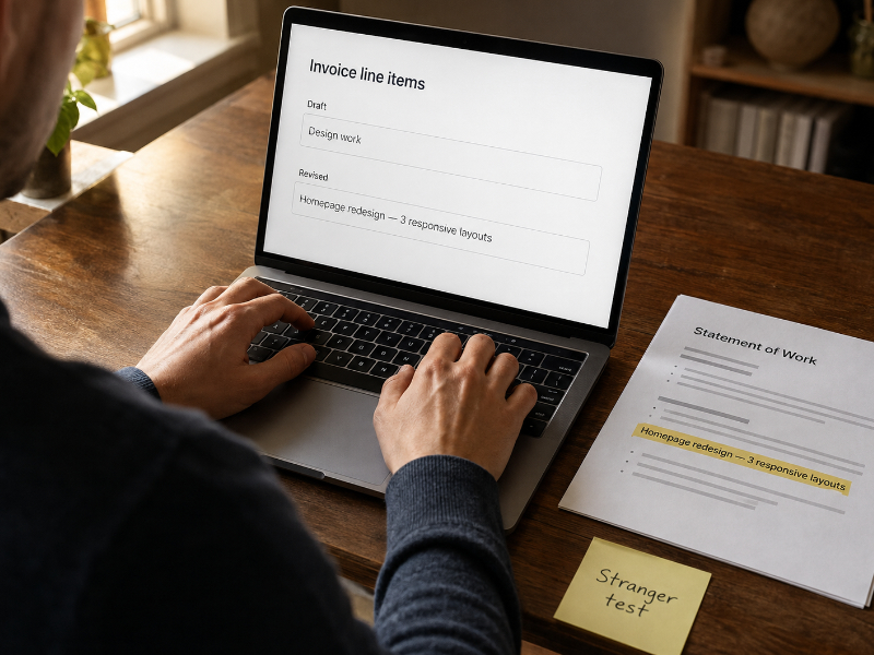 Freelancer reviewing itemized invoice descriptions on a laptop with contract notes beside them