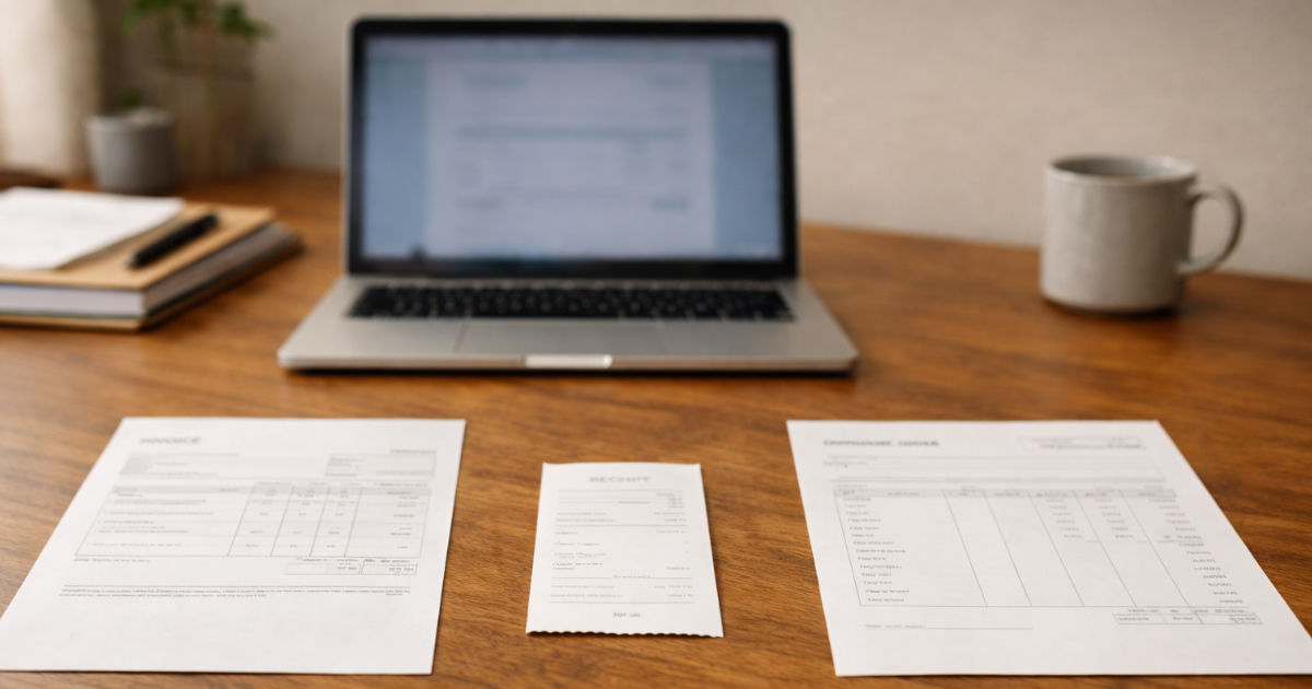 Invoice, receipt, and purchase order documents arranged on a desk next to a laptop