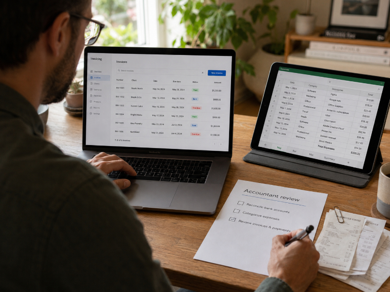 Freelancer using invoicing software on a laptop alongside a spreadsheet and an accountant review sheet, showing a common hybrid finance stack