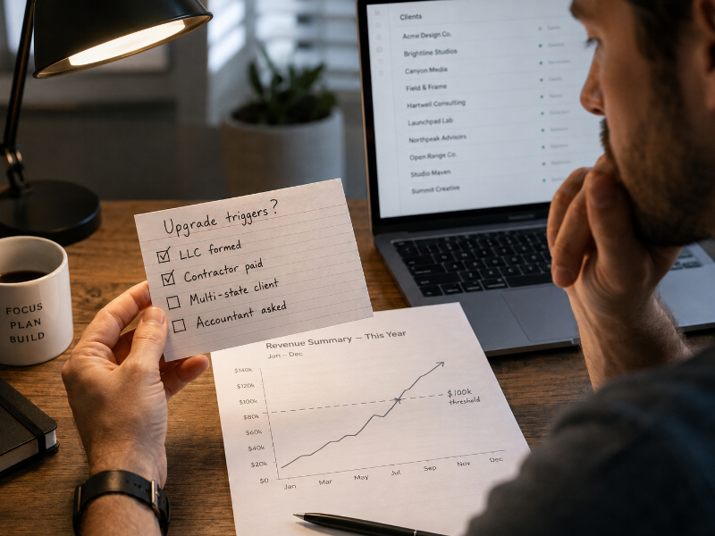 Freelancer reviewing an upgrade trigger checklist beside a revenue summary, marking the point where accounting software becomes necessary