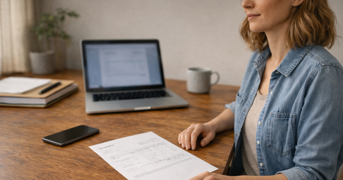 Freelancer reviewing an invoice and phone at a desk after a project cancellation