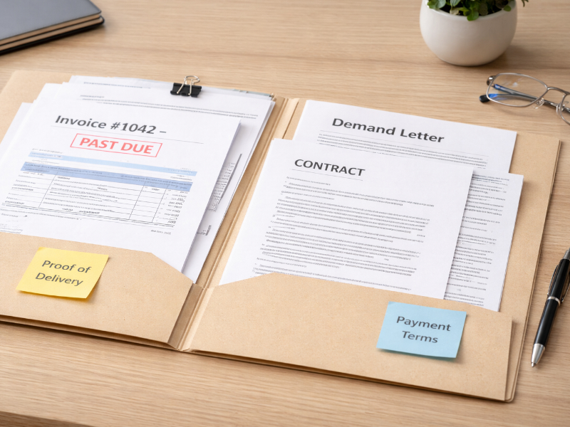 Organized folder with invoice copies, contract, and email records