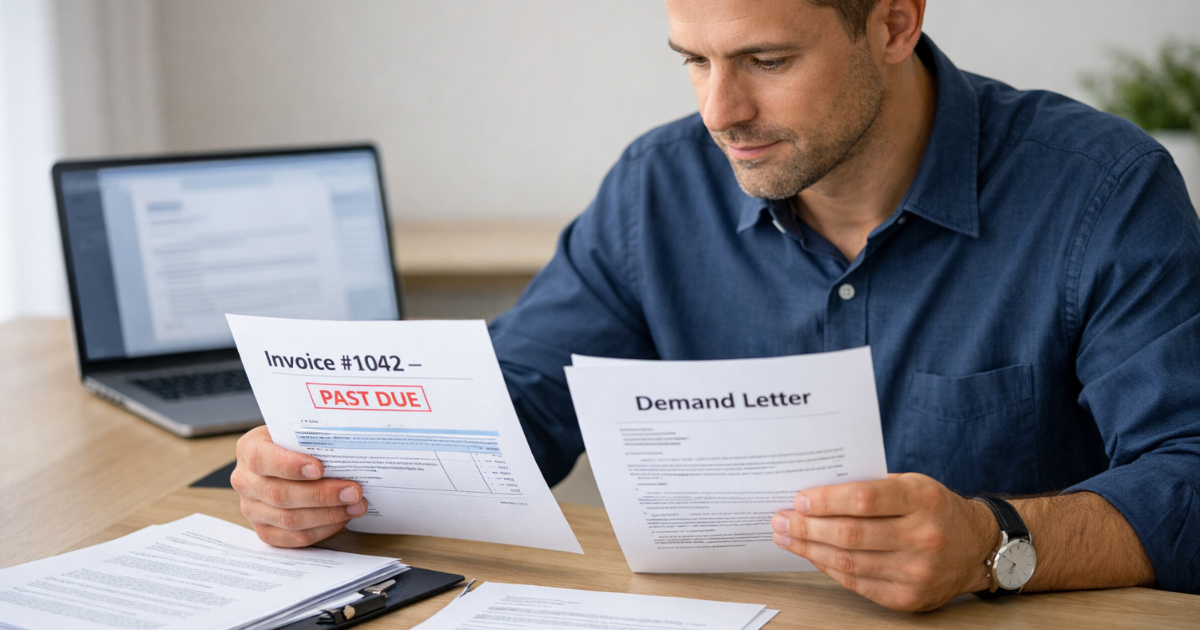Freelancer reviewing legal documents and demand letter at desk