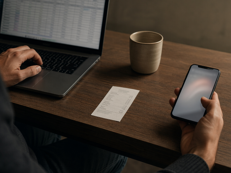 Close-up of a freelancer dividing attention between a laptop spreadsheet and a phone, with one neat receipt on the desk