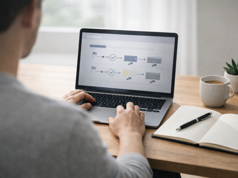 Freelancer working on a laptop with a staged billing workflow in a home office