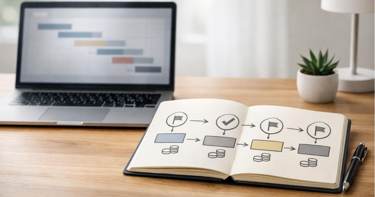Laptop and notebook showing a phased project timeline and milestone planning on a desk