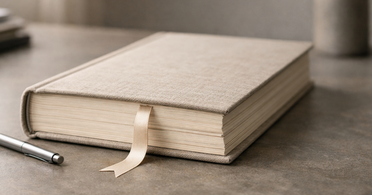 Close-up of a linen-bound ledger on a stone desk with a ribbon bookmark showing partial progress through the pages