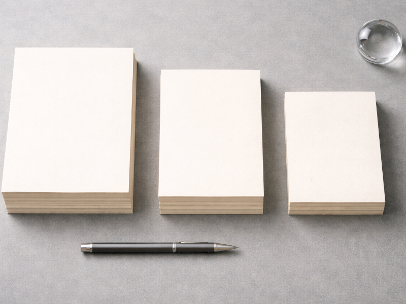 Overhead view of three diminishing stacks of blank paper and a pencil suggesting a declining invoice balance