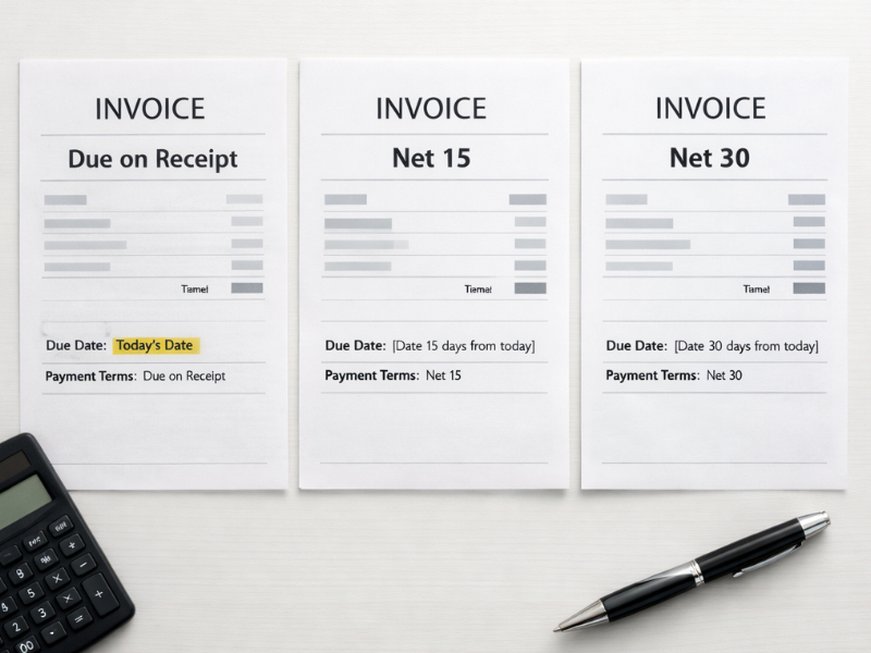 Comparison of invoice payment terms showing Due on Receipt, Net 15 and Net 30