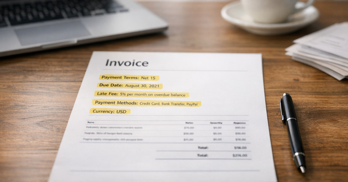 Invoice with clearly defined payment terms including Net 15 due date and late fee policy