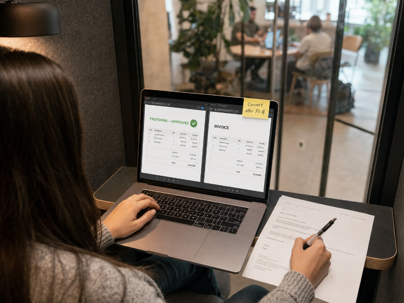 Freelancer in a co-working phone booth converting an approved proforma preview into a final invoice on a laptop