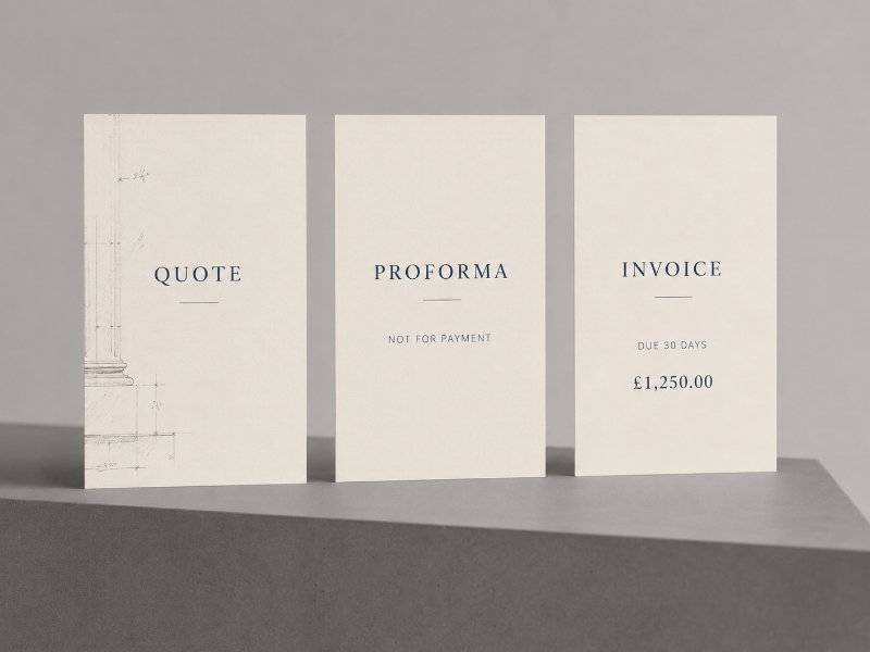 Three upright cards labeled Quote, Proforma, and Invoice on a plinth showing how each document type differs