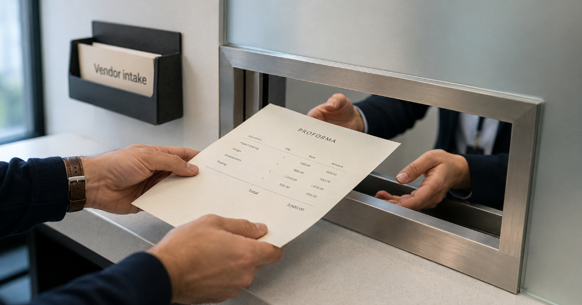 Freelancer hands a proforma invoice through a corporate vendor intake document slot for budget approval