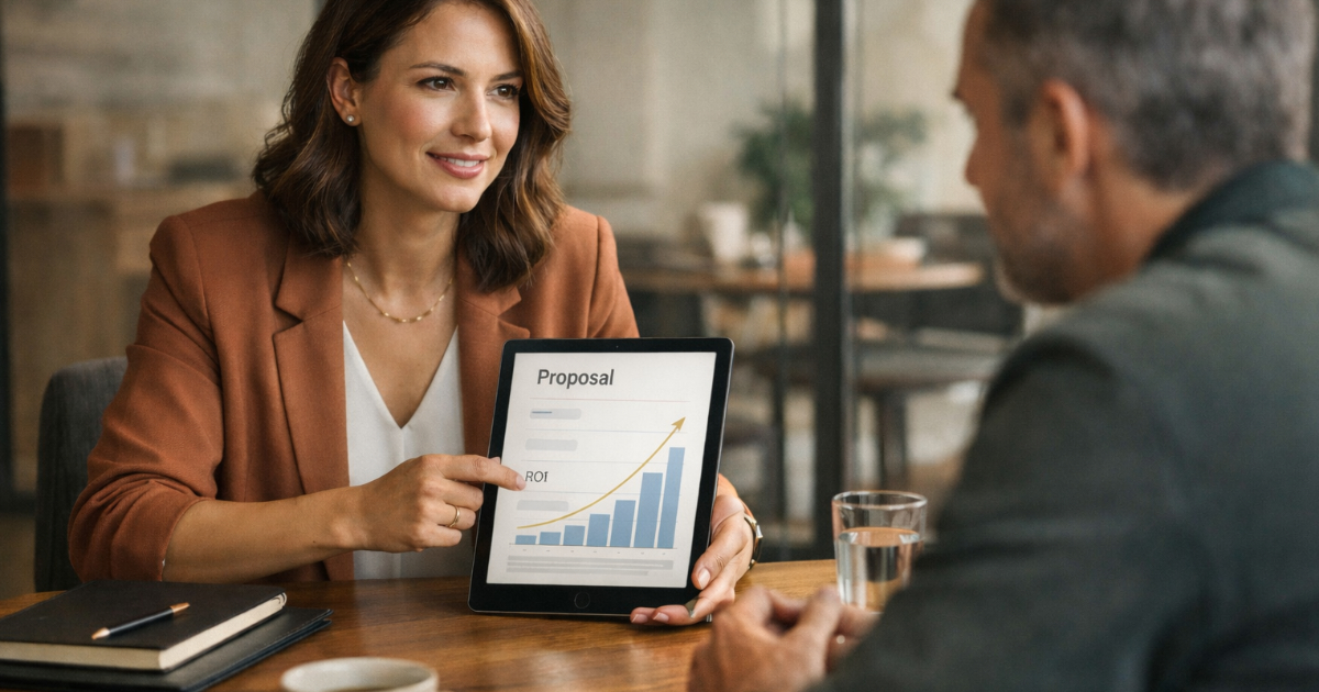 Freelancer presenting a value-based pricing proposal focused on ROI and business outcomes to a client.
