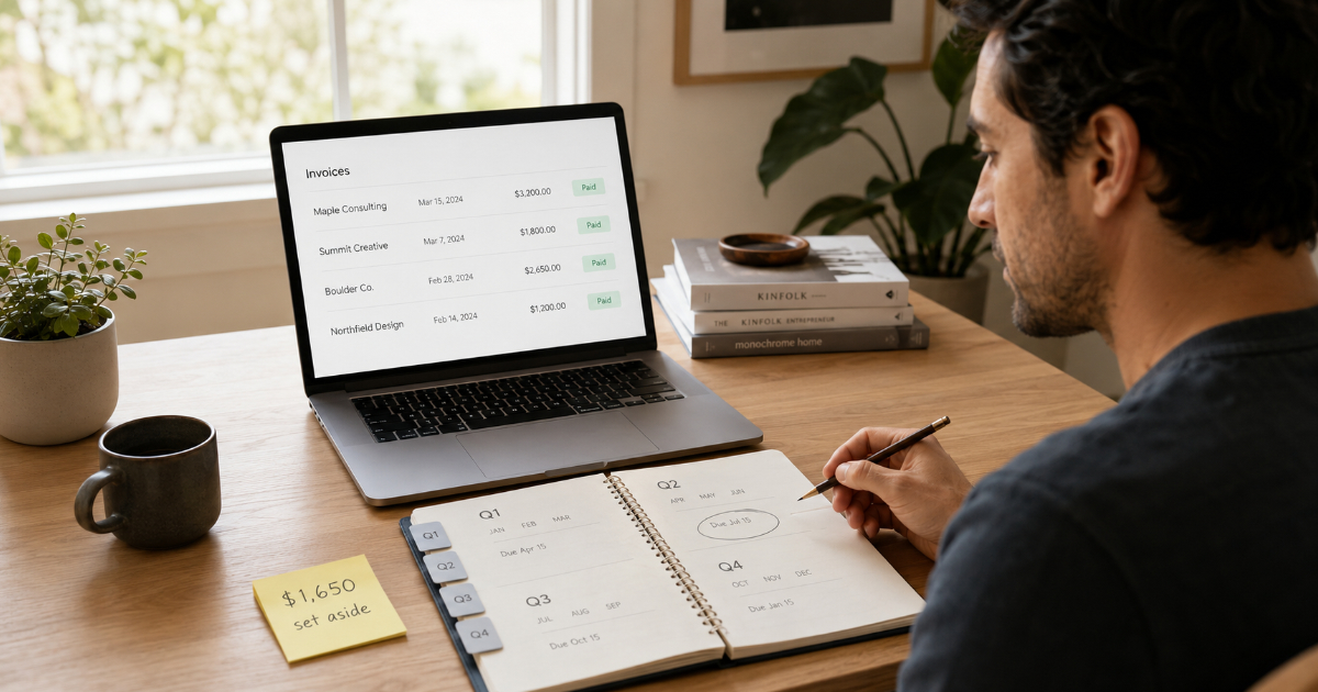 Freelancer reviewing paid invoices on a laptop beside a quarterly planner while noting a tax set-aside amount
