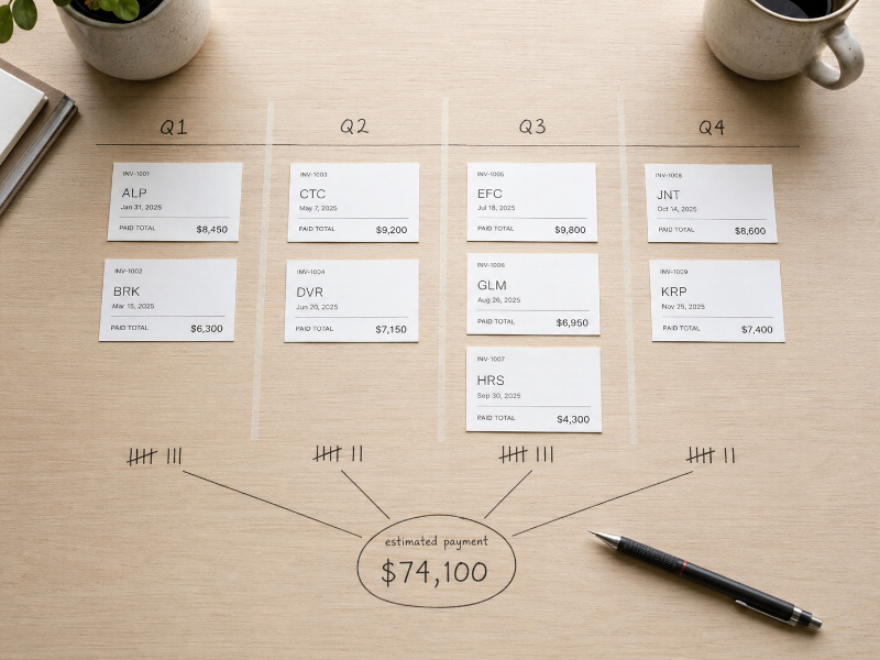 Overhead view of paid invoice summaries grouped by quarter with tally marks leading to an estimated tax payment total