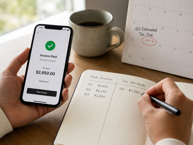 Hands recording a tax set-aside amount in a notebook after confirming a paid invoice on a phone