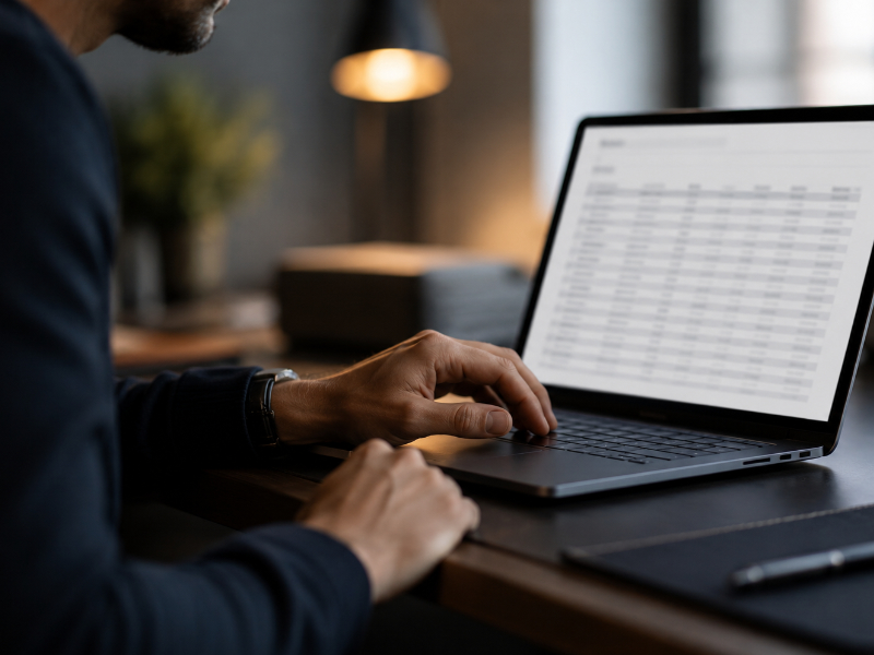 Close view of hands on a laptop trackpad with a softly blurred screen suggesting spreadsheet line items being edited