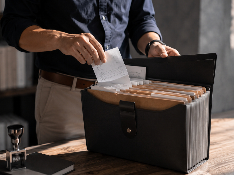 Hands filing receipt printouts into labeled accordion binder pockets during expense documentation prep