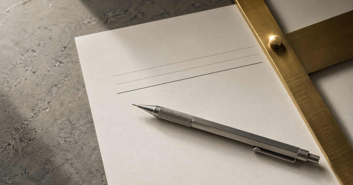 Tight still life of a contract paper with abstract ruled bands suggesting invoice totals, a precision pencil, and a brass drafting guide under soft side light
