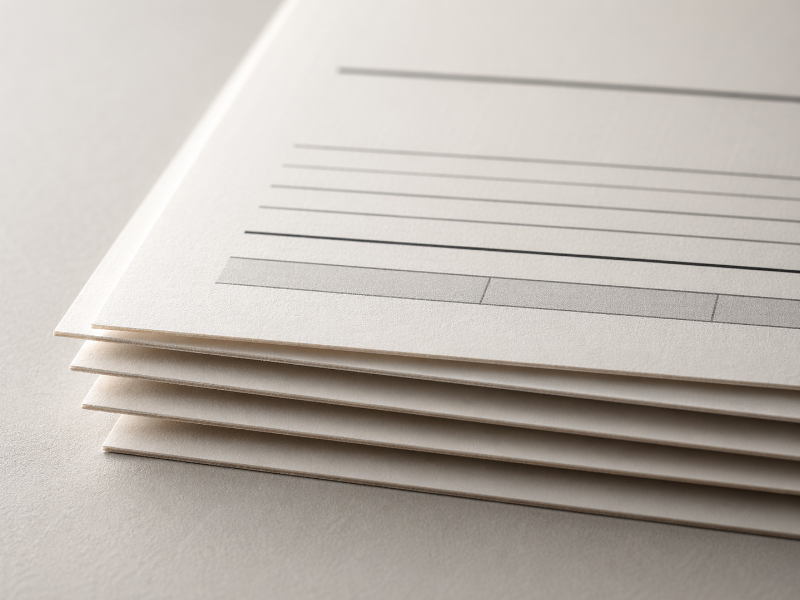 Stacked paper layers with abstract rules and a darker band suggesting subtotal and tax lines on an invoice