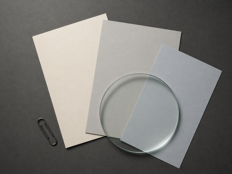 Overhead view of three offset pale paper rectangles with a clear glass disc overlapping the corners, suggesting different tax jurisdictions