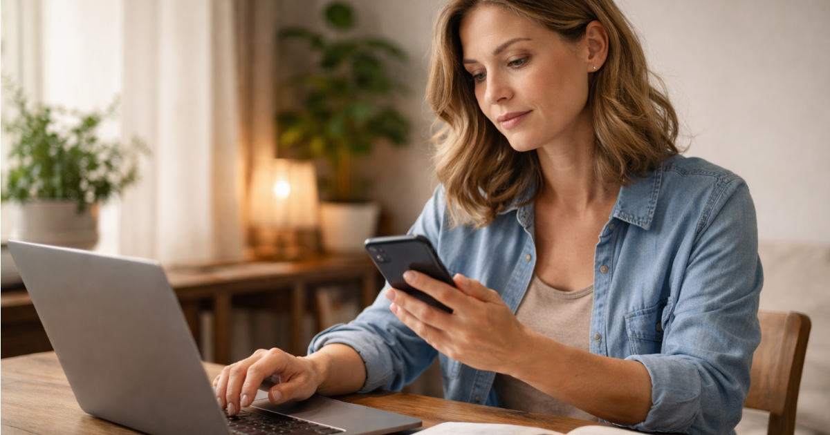 Freelancer reading a client message on phone while working at a laptop