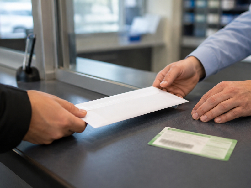 Hands handing a sealed envelope to a postal clerk for certified mail delivery