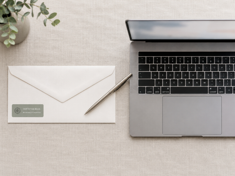 Overhead view comparing certified-mail envelope and laptop as two ways to send a demand letter