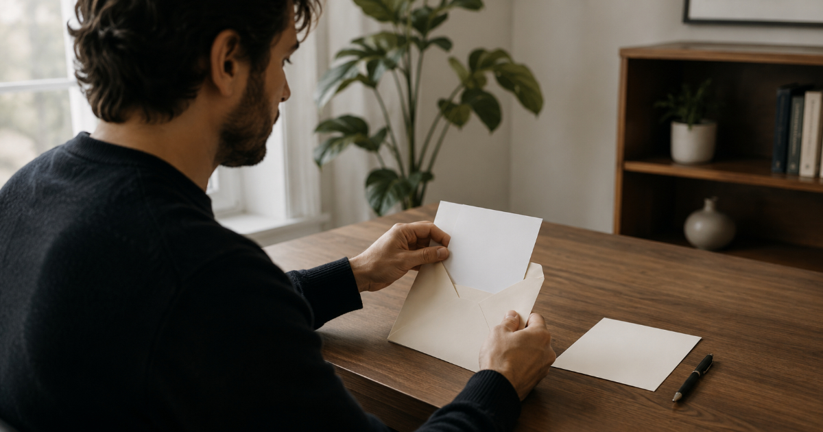 Freelancer folding a formal demand letter into an envelope before sending it for an unpaid invoice