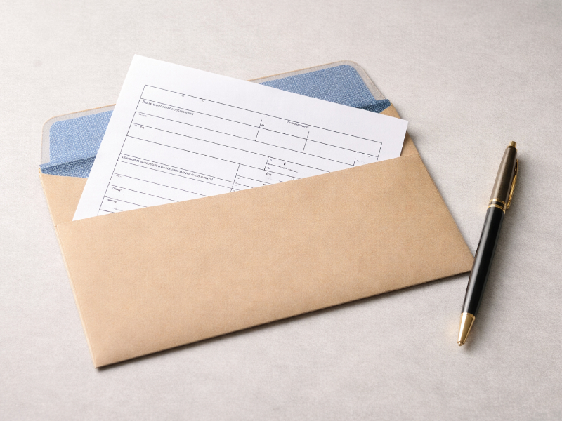A security envelope and a blank official tax form partially visible on a neutral surface, suggesting year-end 1099-NEC reporting