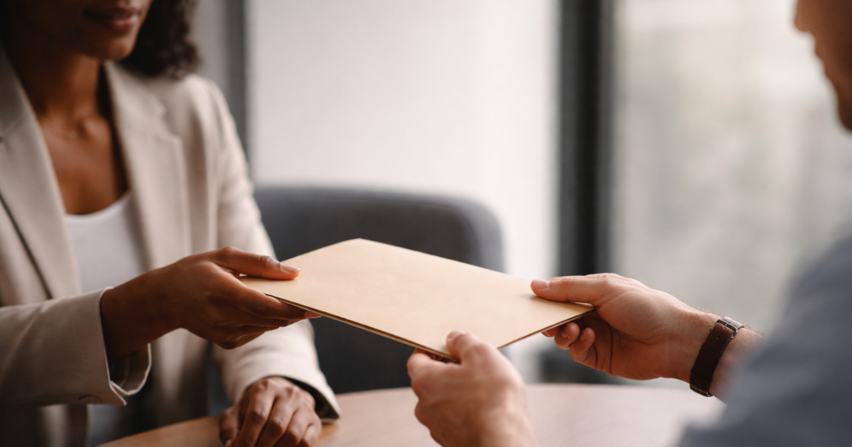 Two professionals exchanging a slim document folder across a small table in a modern office, illustrating client-freelancer tax paperwork handoff