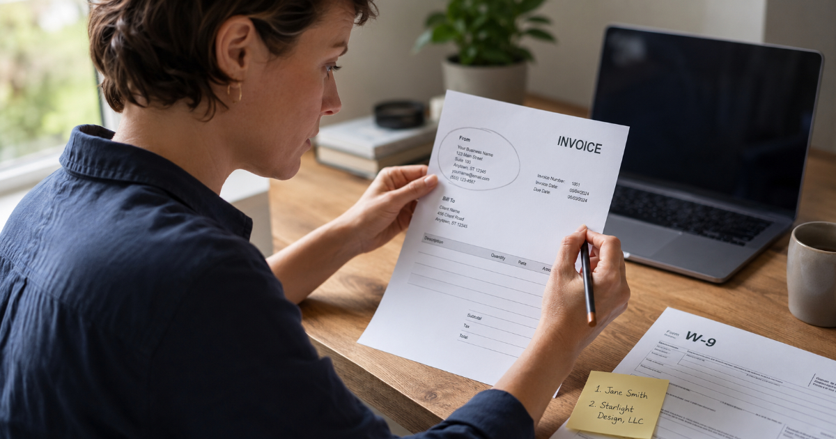 Freelancer reviewing the From block on an invoice draft beside a W-9, deciding which business name to use.