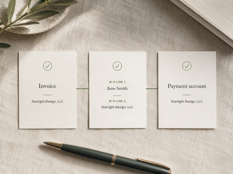 Invoice, W-9, and bank account cards showing connected legal and business names