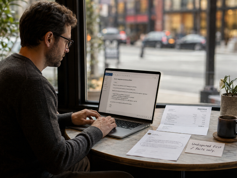 Freelancer at a café table drafting a factual invoice dispute response with printed invoice and notes beside the laptop