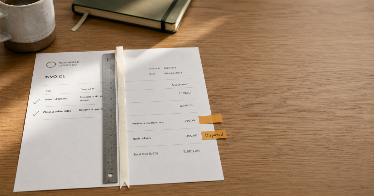 Printed invoice on a desk split into agreed and disputed sections with green check marks and amber dispute flags