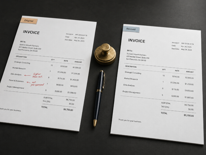 Original and revised invoice printouts side by side with red dispute marks on the original and clean adjustments on the revised copy