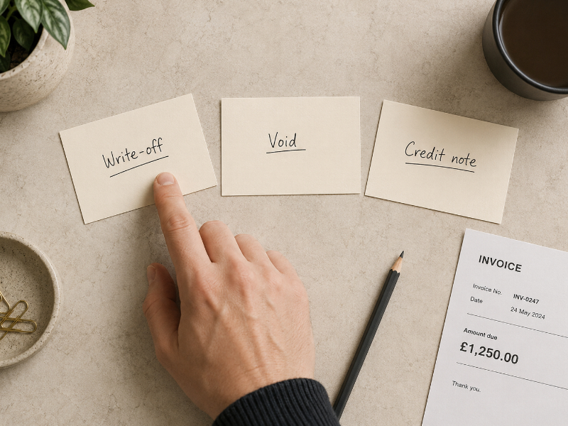 Overhead view of three labeled cards for write-off, void, and credit note with a hand choosing write-off