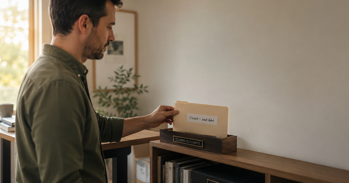 Freelancer archiving a closed unpaid invoice folder labeled bad debt on an office shelf